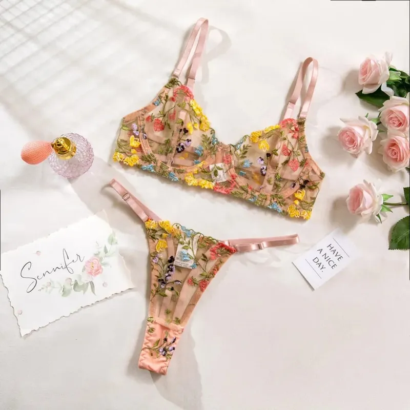 2-Piece Floral Lingerie Set Sheer Embroidery Underwear Intimates Underwire Push-up Versatile Bra Panty Set For Lady Girl — image 7