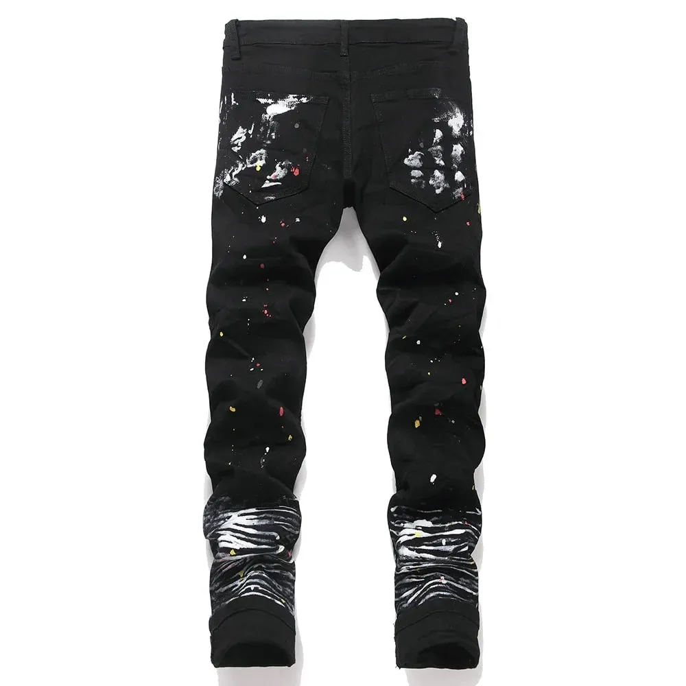 Men Painted Slim Tapered Jeans Punk Zipper Black Stretch Denim Pants Casual Streetwear Trousers — image 2