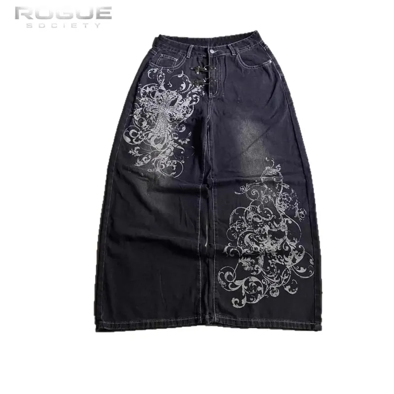 Summer Y2K Vintage Cross Print Denim Pants Men Gothic Wide Leg Baggy Straight Harajuku Trousers Grunge Streetwear Jeans Unisex