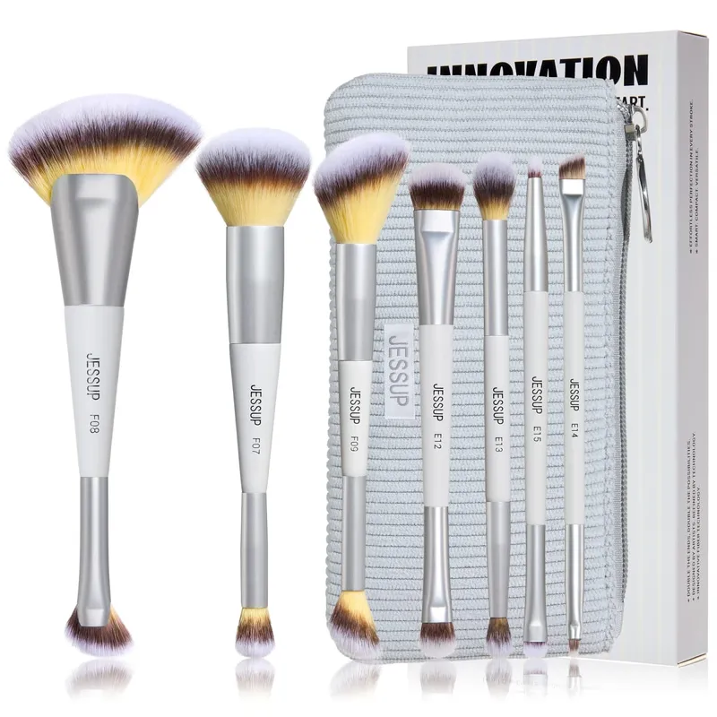 Jessup Makeup Brushes Set 3/7pcs Dual Ended Synthetic Foundation Blush Highlight Blending Eyebrow Brush na may Bag Tahimik na Grey T520