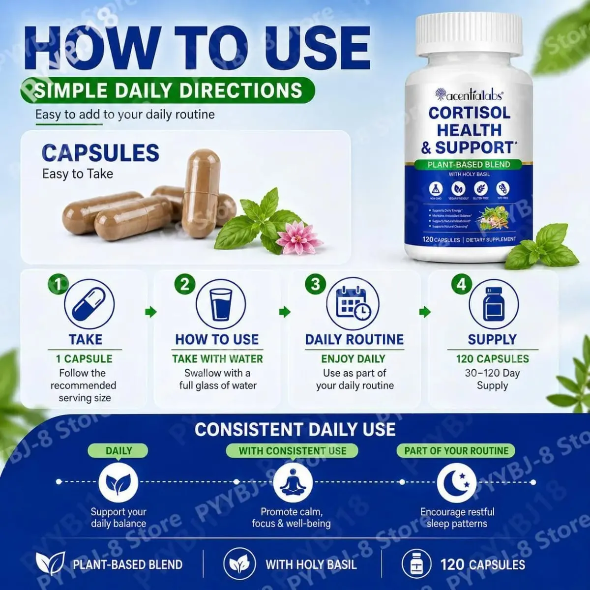 AcentiaLabs Cortisol Health & Support Capsules with Holy Basil Ashwagandha and Magnesium for Calm Stress Balance 120 Capsules — image 7