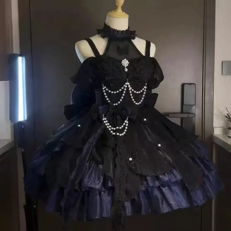 Gothic Red Lolita JSK Dress Women Spaghetti Strap Ruffle Tulle Skirt Chain Bow Decor High Low Hem Vintage Princess Party Dress — image 11
