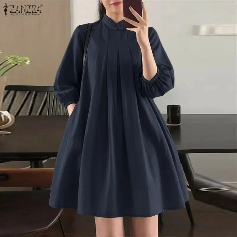 Letnie damskie eleganckie plisowane sukienki ze stójką 3/4 bufiaste rękawy marszczona linia sukienka do kolan swobodne szaty Femme