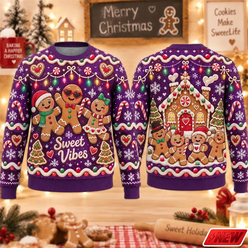 Christmas Ugly Sweater Men Holiday Gift Trendy 3D Print Funny Skateboarding Gingerbread Man House Pattern Pullover Unisex Hoodie — image 9