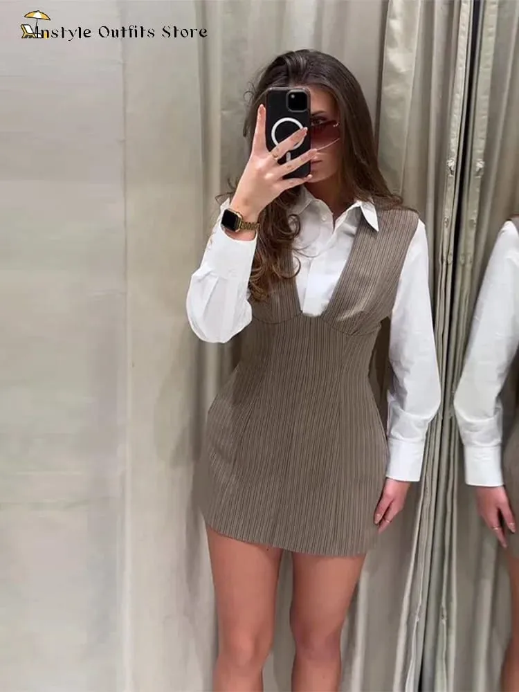 Casual Stripe Sleeveless Mini Dresses Women's Slim Waist-cinching V-neck Dress 2026 New Ladies Spring Summer Solid Outwear — image 2