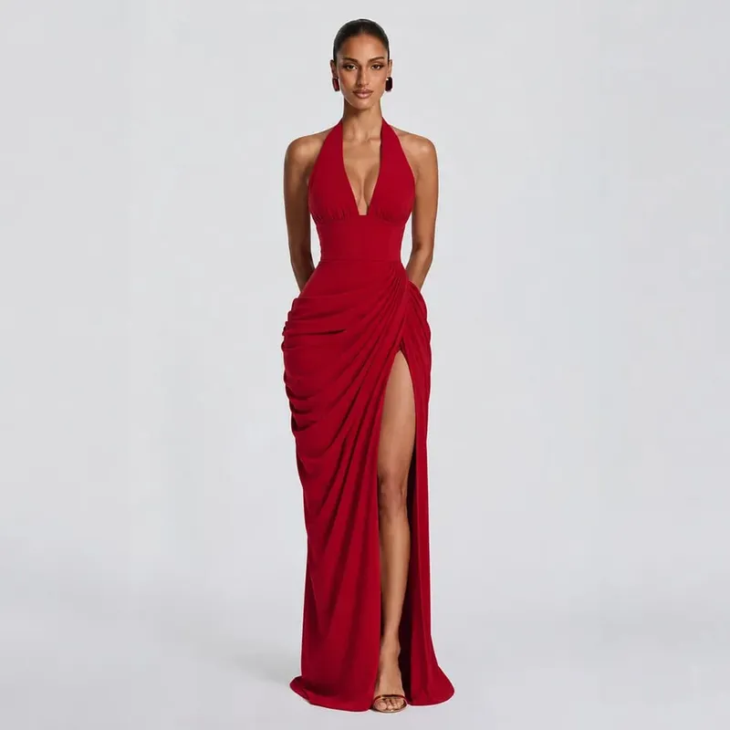 Sexy Women Solid Halter Maxi Dress Elegant Deep V Neck Sleeveless Ruched High Slit Dresses Evening Party Fashion Female Clothing
