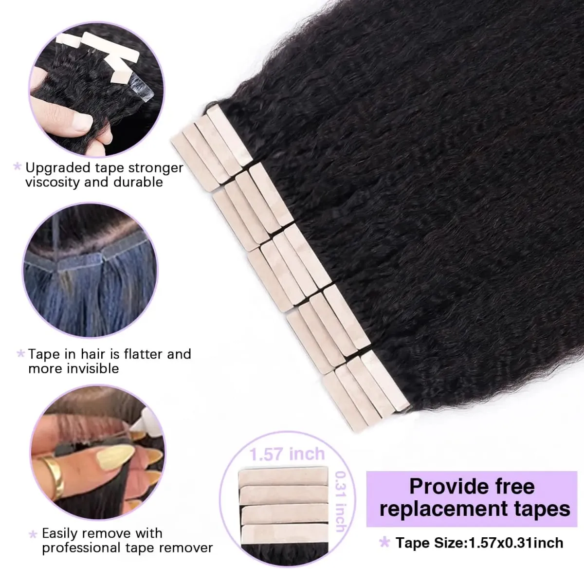 Tape in Hair Extensions Straight Tape in Hair Remy Tape in Hair Extensions Human Hair Color 1 Jet Black 18 inch 20pcs 50g — image 4
