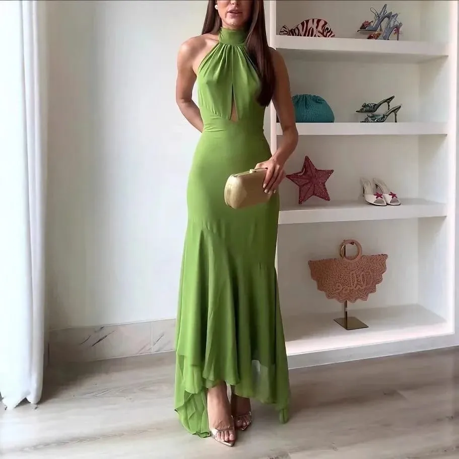 Temperament Halter Neck Long Dresses Women Green Backless Leace-up Irregular Package Hip Party Dress Elegant Banquet Vestidos — image 4
