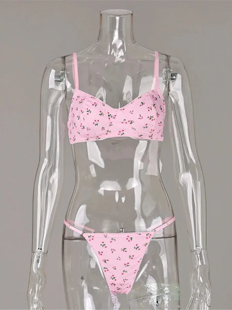 2026 Flower Printed Two Piece Bra Set Floral Sweet Summer Bra and Underwear Sets Women's Wire Free Bra Set Bra & Brief Sets M168