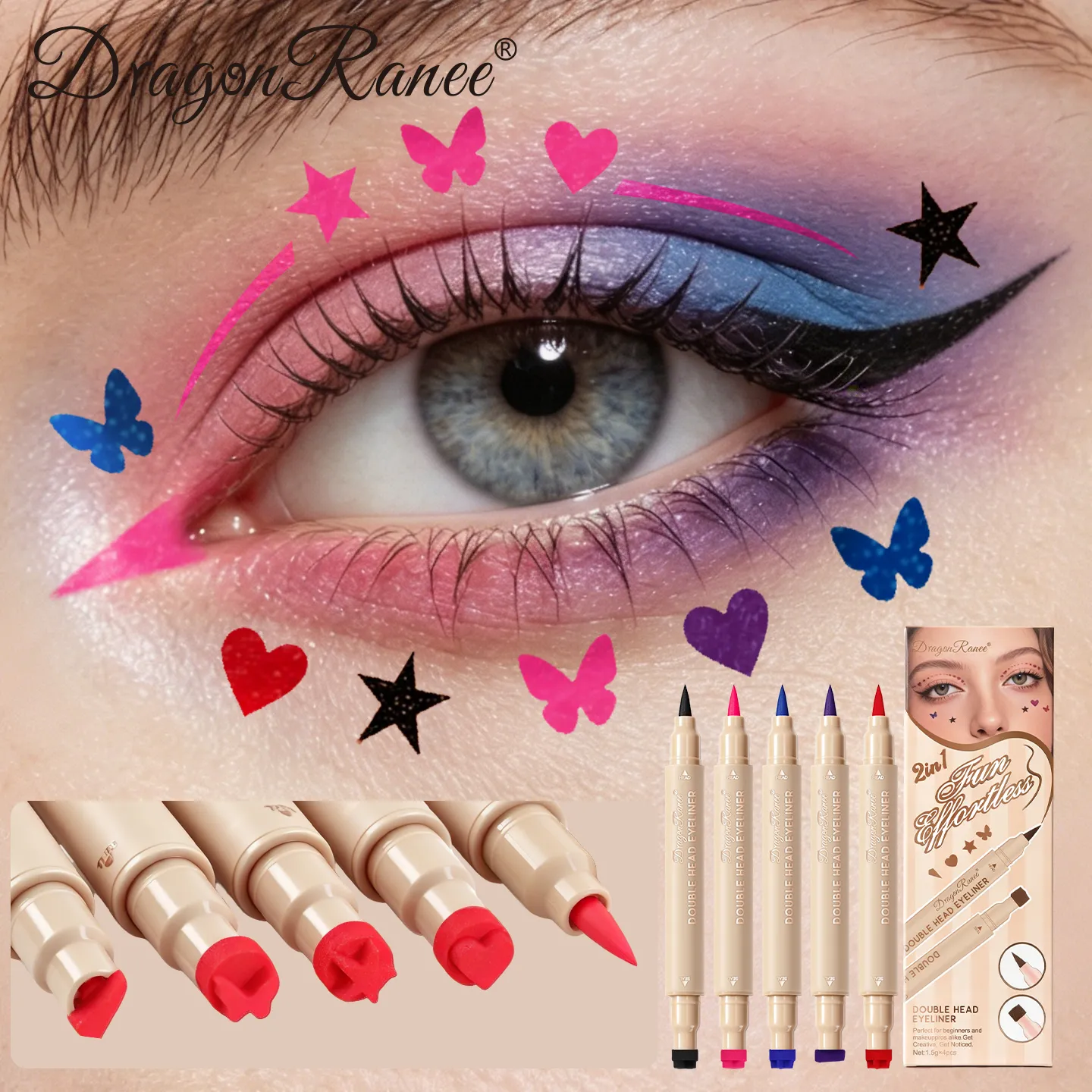 2-in-1-Eyeliner mit doppelseitigem Stempelsiegel, schnell trocknend, wasserfest und schweißfest, verwischt nicht leicht, bunter Augen-Make-up-Eyeliner