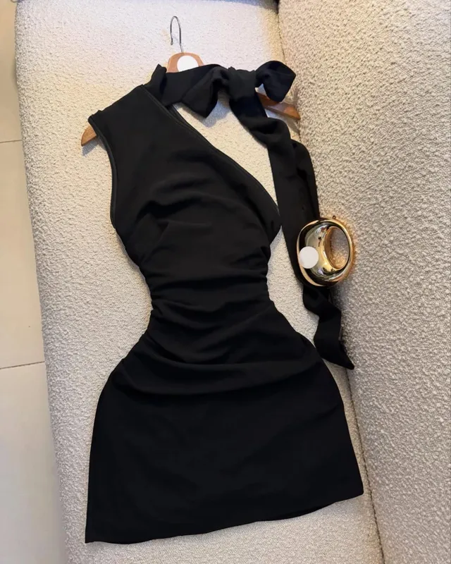 A Black One-Shoulder Halter-Neck Dress with a Bow Pleated and Fitted Short Dress Perfect for Everyday Outings and Attracting Attention a Sexy Little Black Dress for Dates