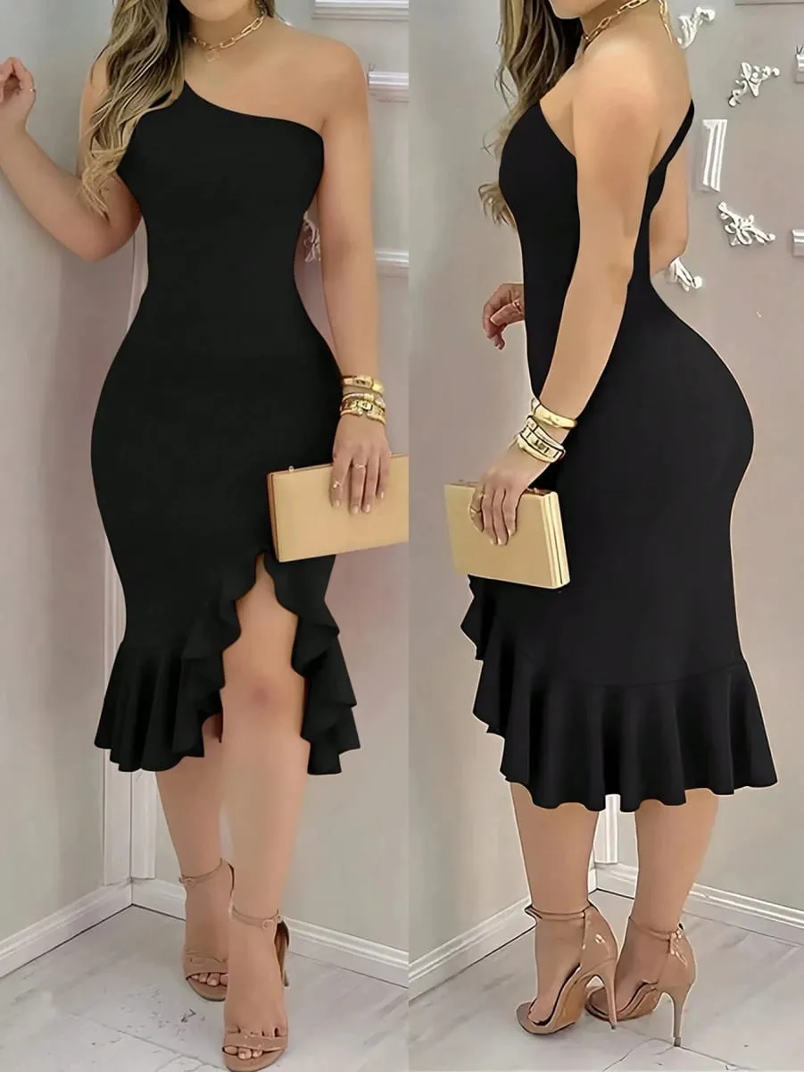Women's Spring/Autumn Solid Color Elegant and Sexy Vacation Off-Shoulder Cold-Shoulder Backless Ruffle Asymmetrical Hem Low Slit — image 1