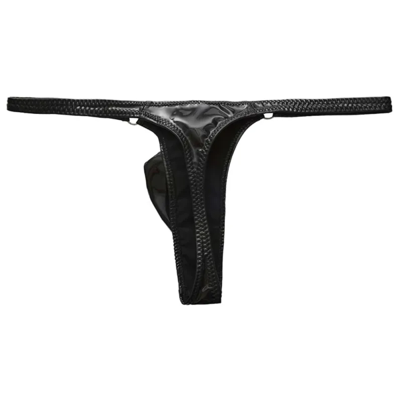 String en cuir brillant pour hommes, 1 pièce, avec anneau en métal, tongs, pochette bombée Gay, taille basse, sous-vêtements extensibles, exposant les fesses, Sexy
