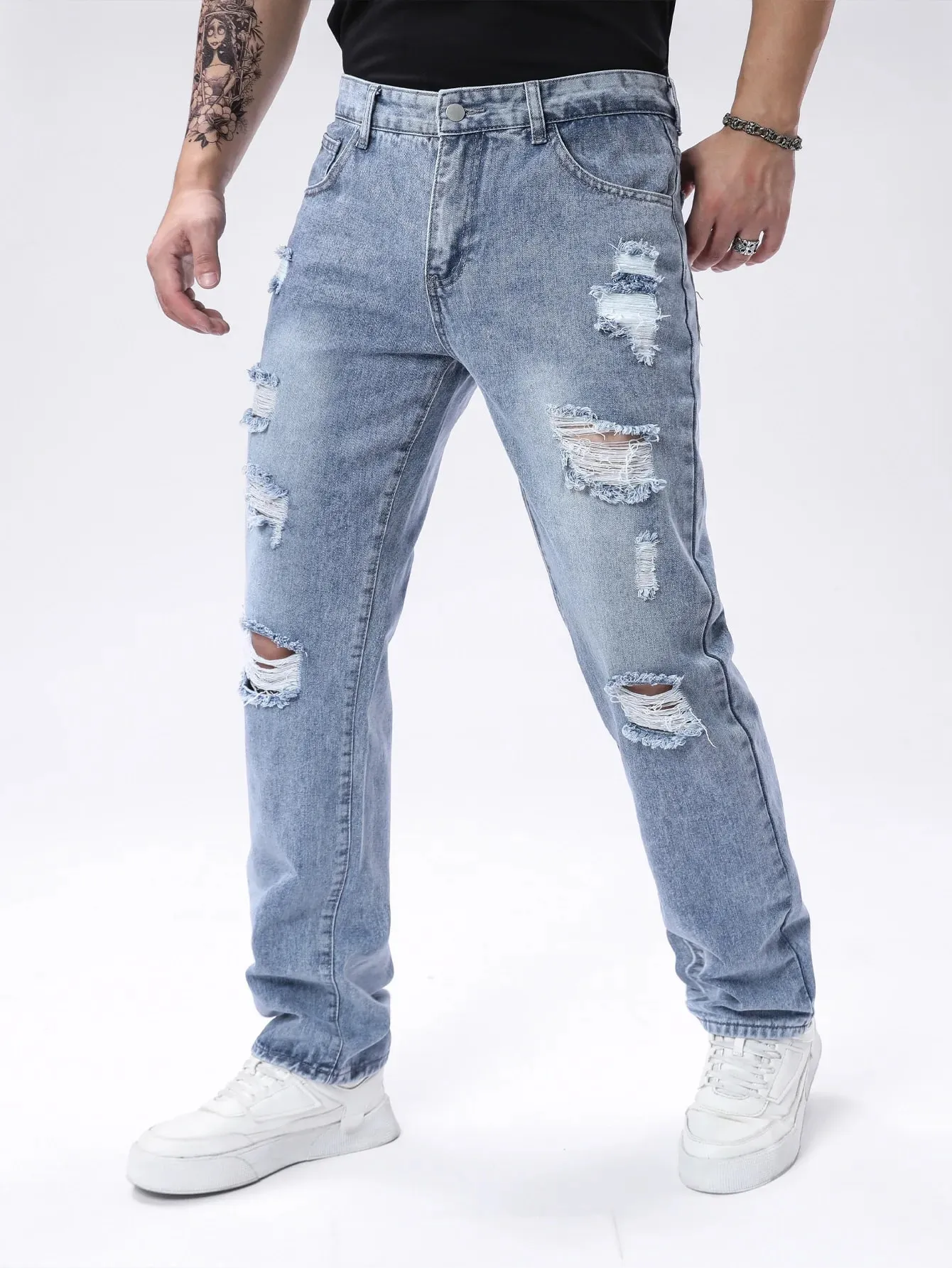 Light Blue Washed Ripped Frayed Denim Jeans For Men Non Stretch Straight Leg Loose Baggy Distressed Pants Vintage Y2K Hip Hop Da — image 8