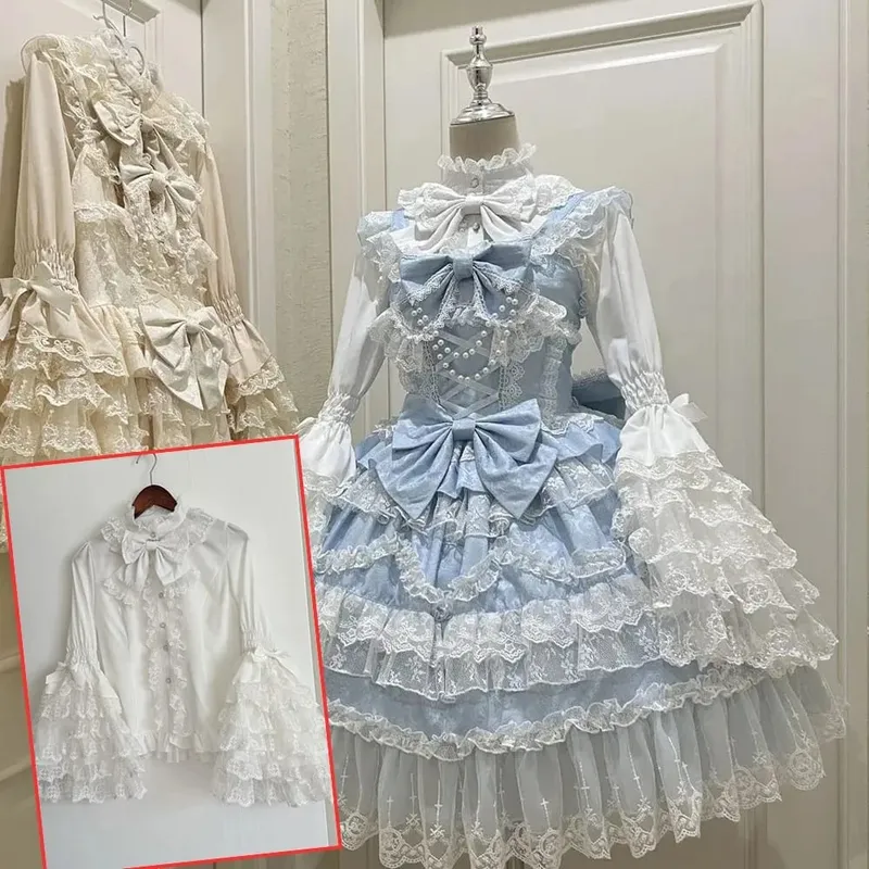 Lolita Kawaii Y2k Long Sleeve Strap Dress Japanese Knee-Length Women Elegant Lace Bow Patchwork Ball Gown Sweet All Season