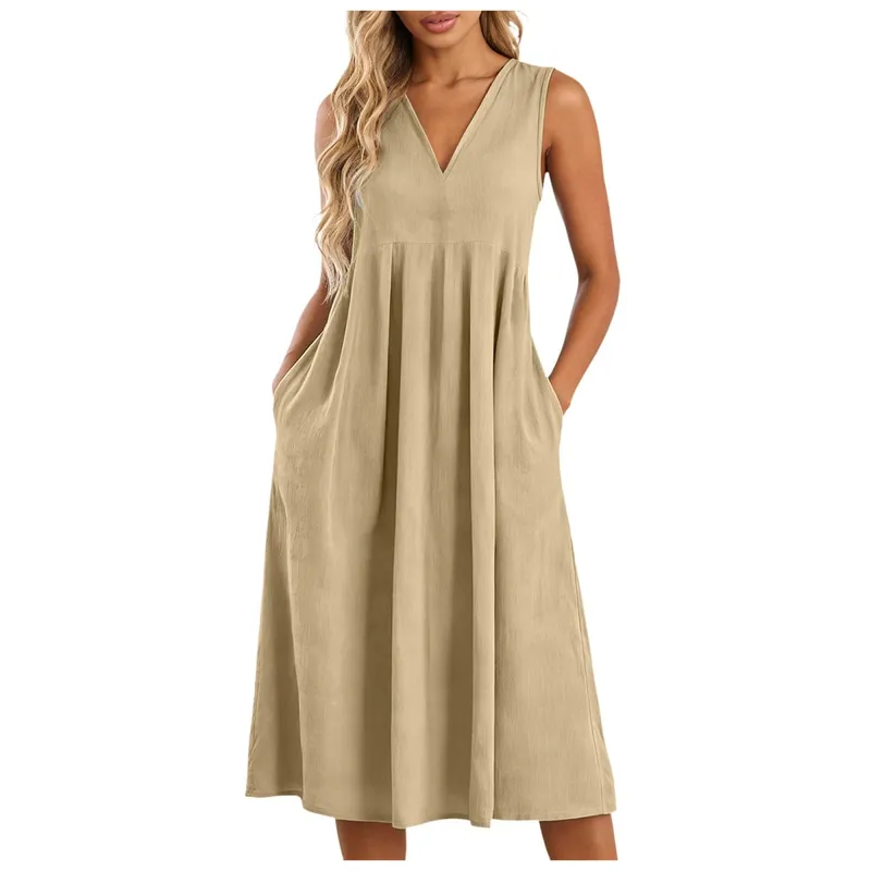 Women Sleeveless Linen Midi Dress Loose V Neck Summer A Line Sundress Lightweight Casual Swing Tank Dresses With Side Pockets