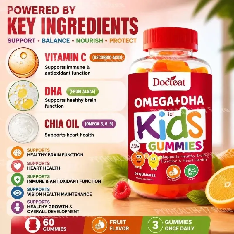 Docteat Omega+DHA Kids Gummies with DHA From Algae Vitamin C and Chia Oil Omega-3 6 9 for Brain & Vision Support 60 Gummies — image 2