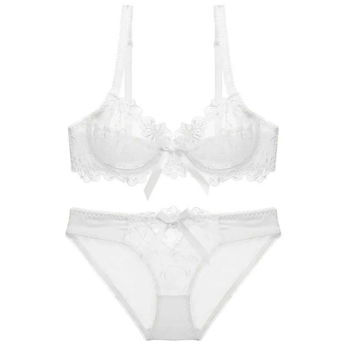 Lace Push Up Bra Set Breathable PantiesThin Mesh Cup Transparent Behalf Lingerie Bow Embroidery Flora Soutien Gorge — image 5