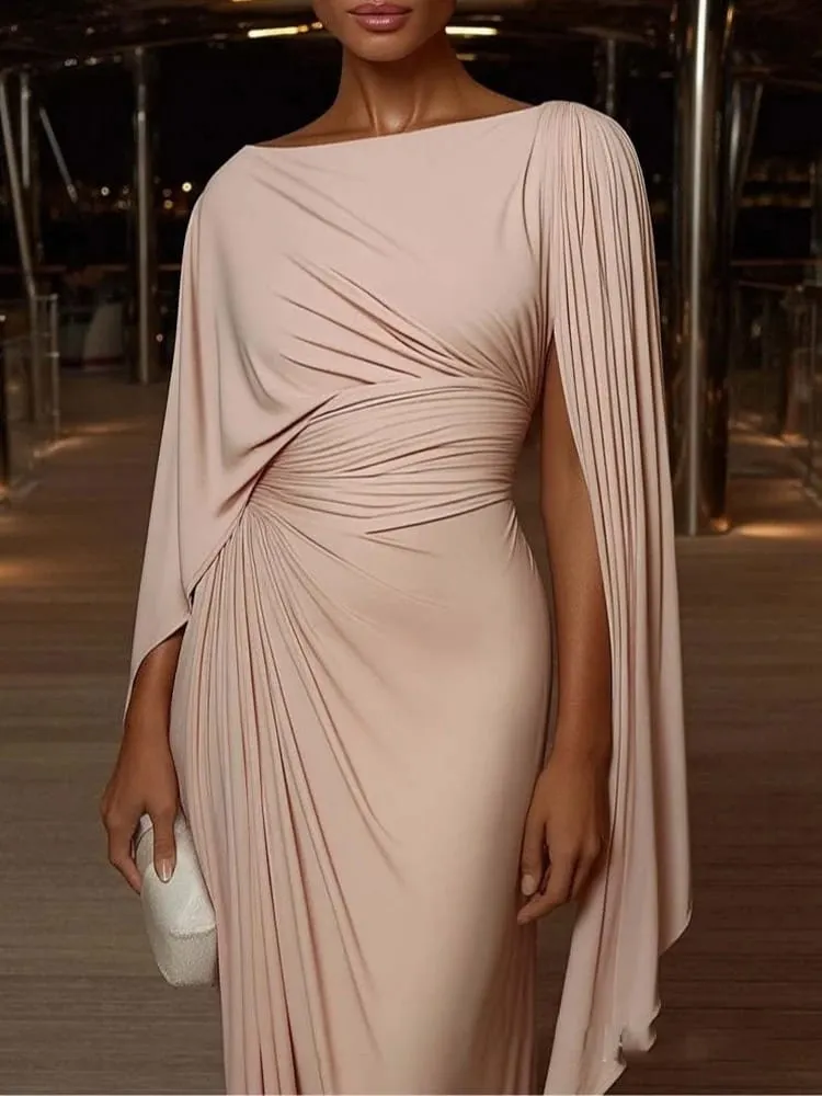 Elegant High Waist Solid Color Banquet Dress Lady Leisure Irregular Long Sleeve Dress Sexy Slash Collar Pleat Slim Evening Dress — image 1