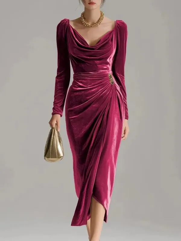 2025 Women's European & American Fashion Leisure Velvet Sexy New Long-sleeved Slimming Pleated Long A-line Split Bodycon Dress — image 5