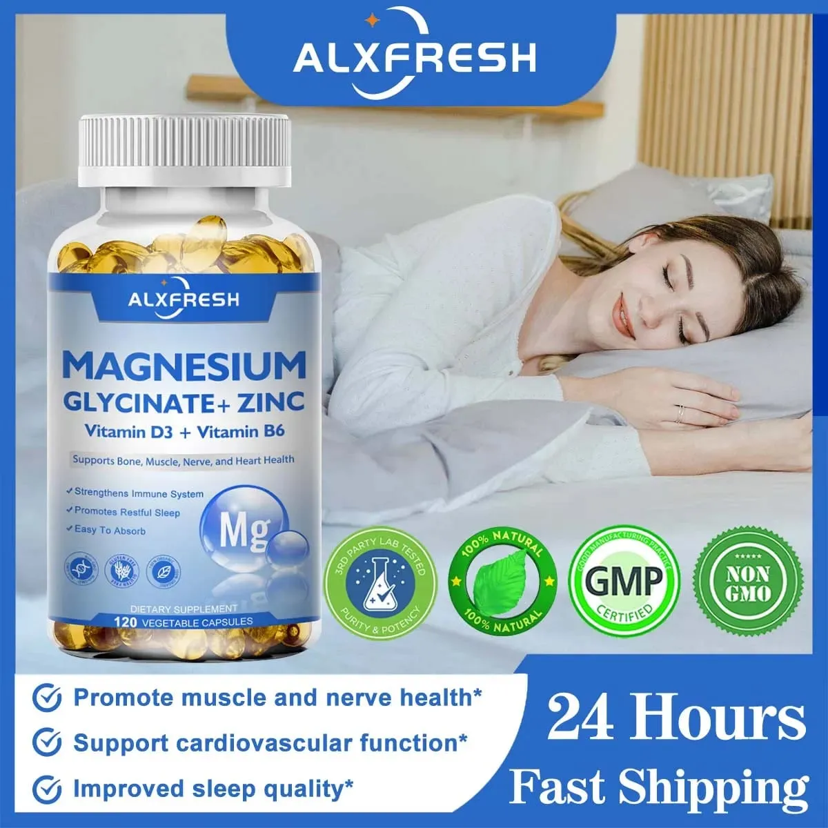 Γλυκινικό μαγνήσιο 500mg Κάψουλες Υψηλής Απορρόφησης με Ψευδάργυρο Βιταμίνη D3 B6 Υποστήριξη Συμπλήρωμα Διατροφής Ανακούφιση από Στρες & Άγχος — image 1