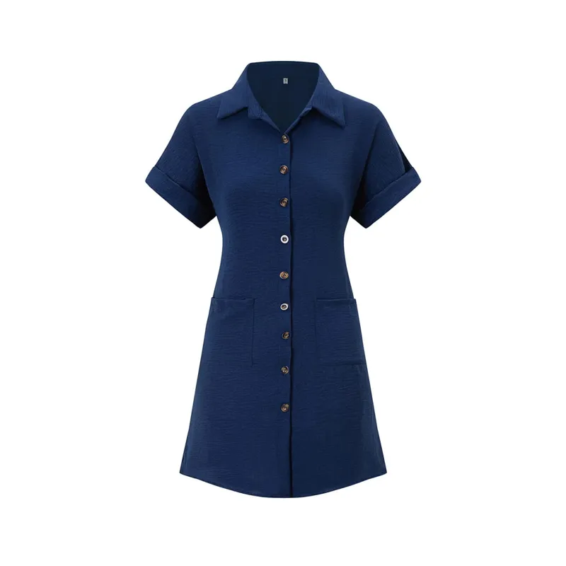 2026 European and American Cross Border Leisure Solid Color Cotton Hemp Buckle Long Short Sleeve Loose Shirt Dress Women's Wear — image 9