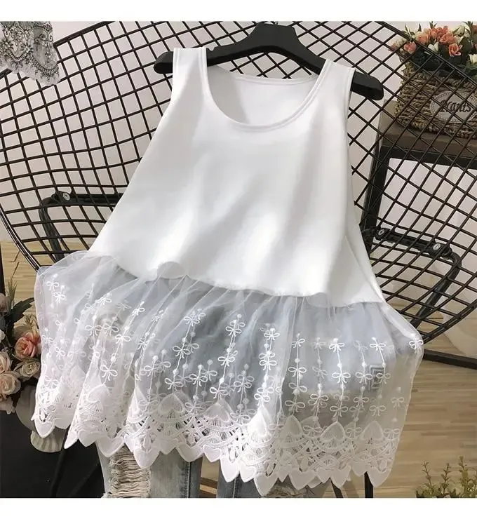 Ulica na co dzień koronkowa patchworkowa koszulka bez rękawów letnia nowa bez rękawów jednokolorowa luźna młodzieżowa biała koszulka topy Trend w modzie odzież damska