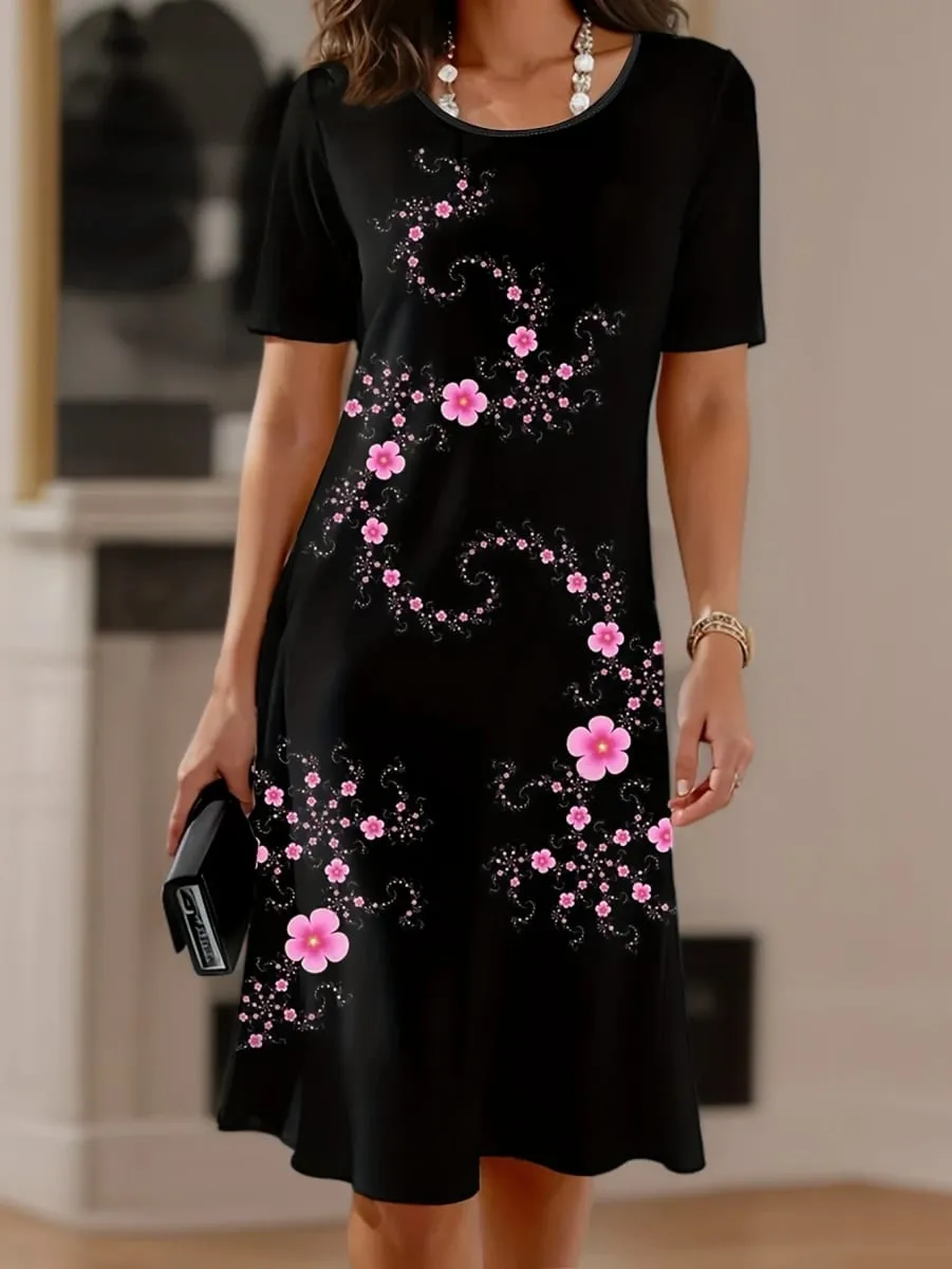 Women's Elegant Casual Floral Print Dress Black with Pink Flowers Dresses Woman Summer Women's Short -Sleeved Y2k Ladies Clothes — image 2