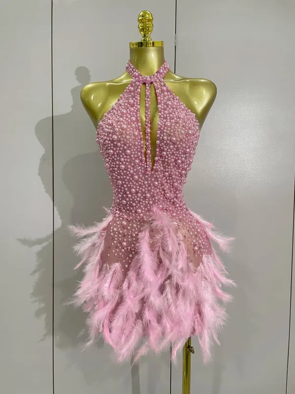 Women Luxury Rhinestones Pearls Feathers Halter Backless Short Dress Women Sexy Celebrate Birthday Dress Nightclub Stage Costume