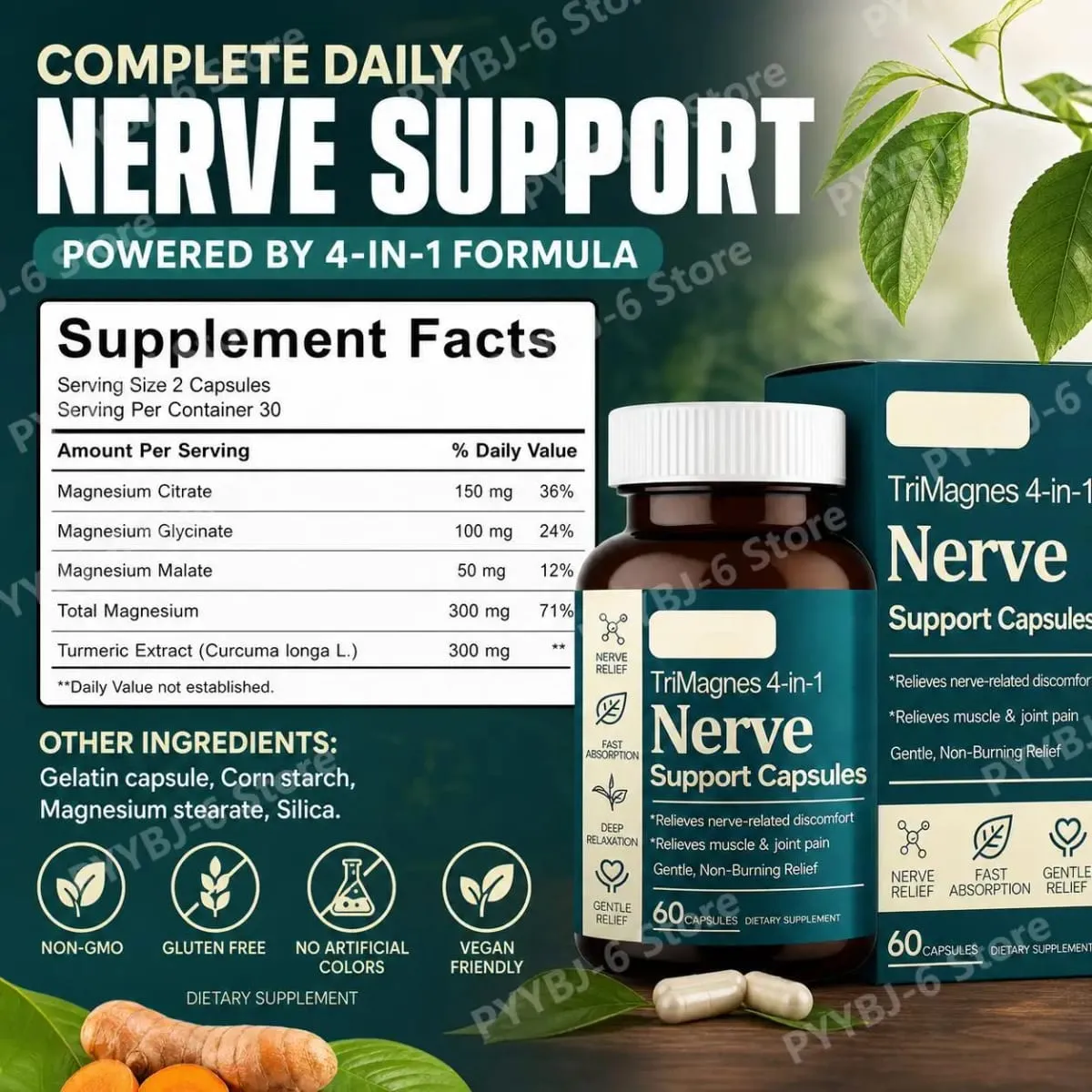 Magnesium Citrate Glycinate Malate Capsules with Turmeric Extract Supports Nerve Health Muscle Relaxation Sleep Wellness 60 Ct — image 3