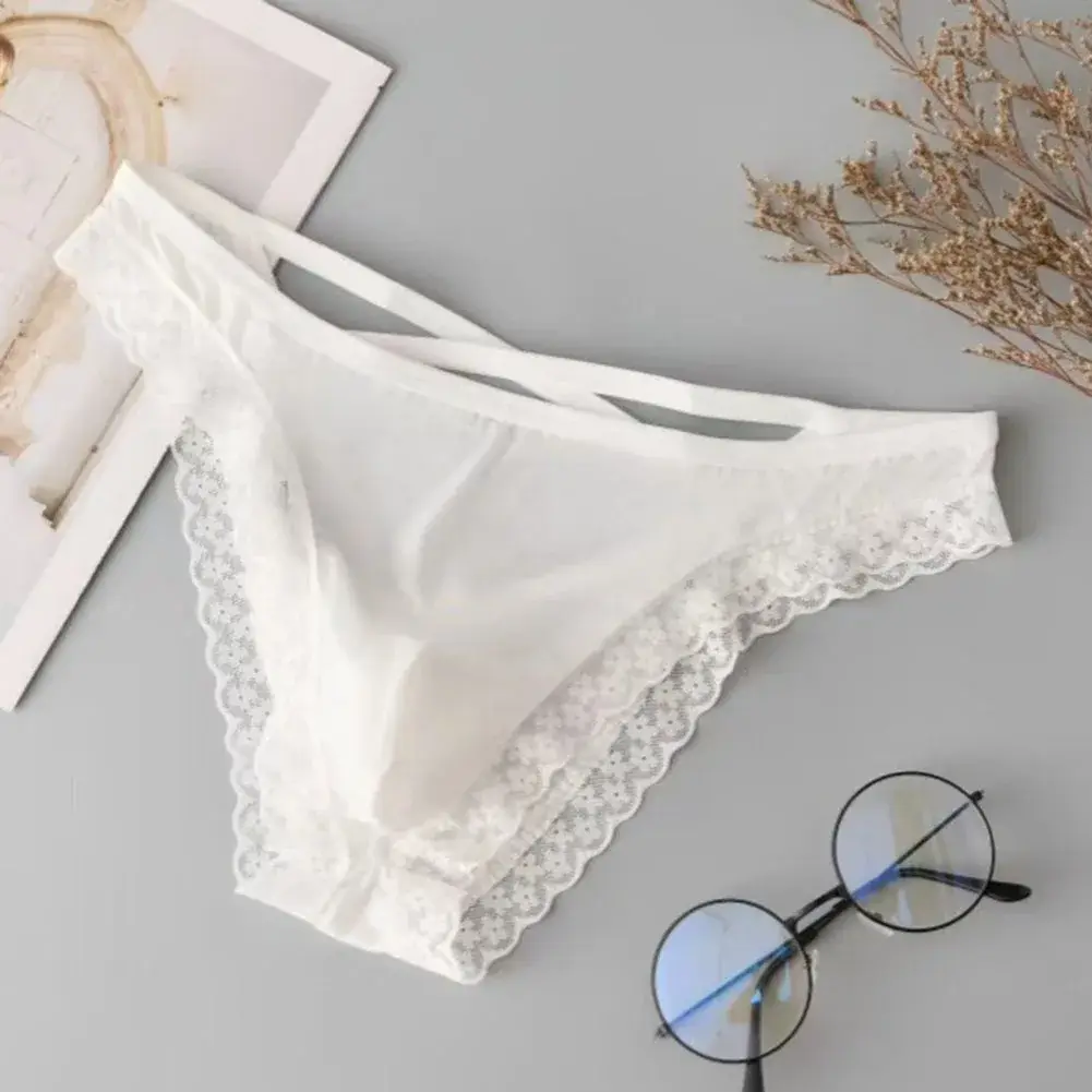 Men Side Strap Lace Briefs Silky Smooth Scalloped Floral Lace Low Waist Stretch Thin Underwear Sissy Panties — image 5