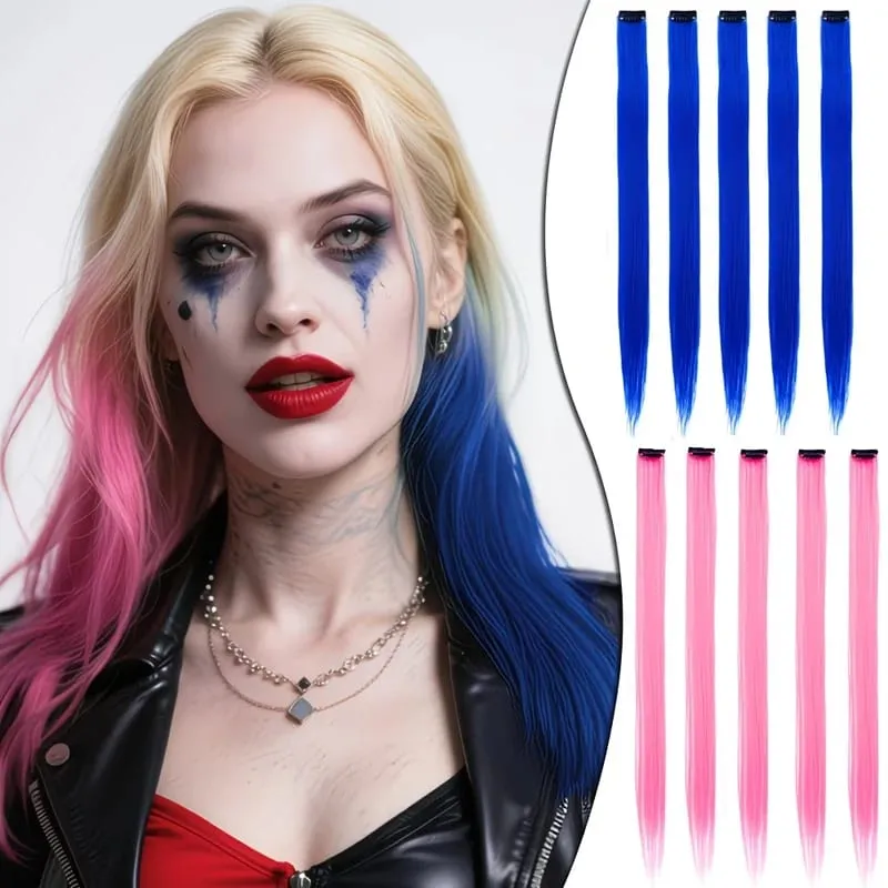 Halloween hair accessory with 5 red and blue hair clips colorful synthetic hair extensions suitable for girl role-playing — image 2