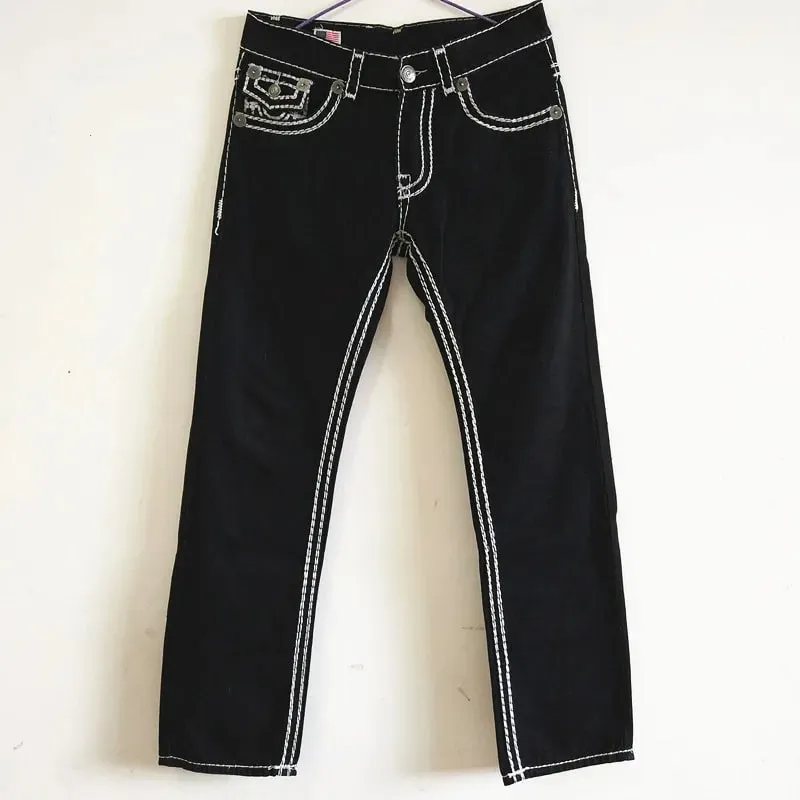 European American New Fashion Men's Black White Casual Trendy Simple Basic Straight Plus Size Denim Trousers Male Jeans Pants