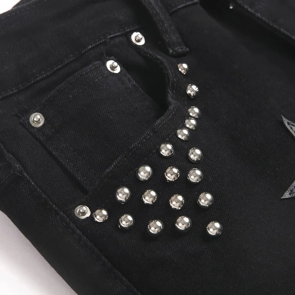 Men's Stars Patch Denim Jeans Streetwear Black Slim Bootcut Pants Punk Rivet Stretch Spandex Flared Trousers