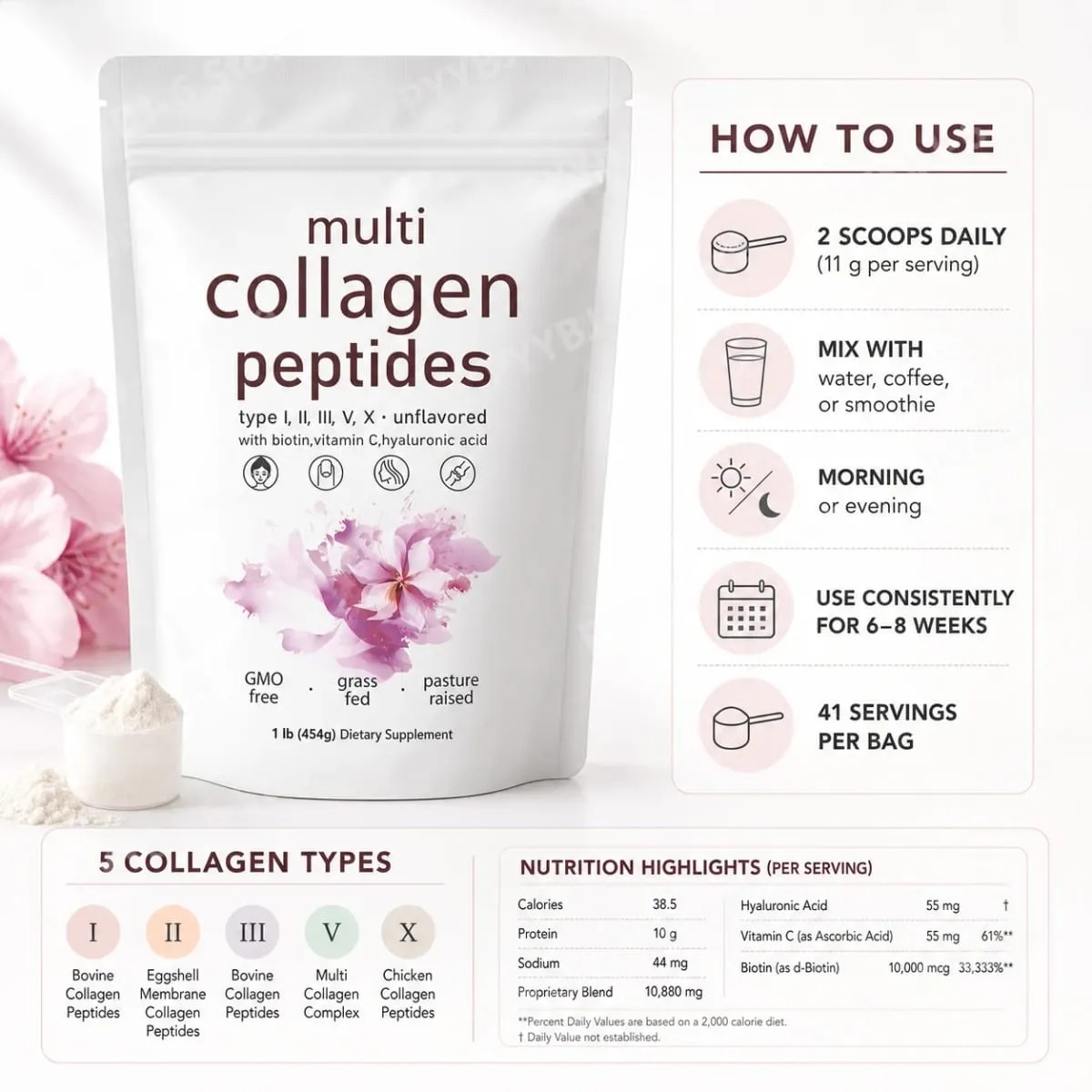 Poudre de Peptides multi-collagènes, 454g, mélange de collagène sans saveur, avec vitamine C, biotine, acide hyaluronique, Support pour la peau, les cheveux et les ongles — image 5