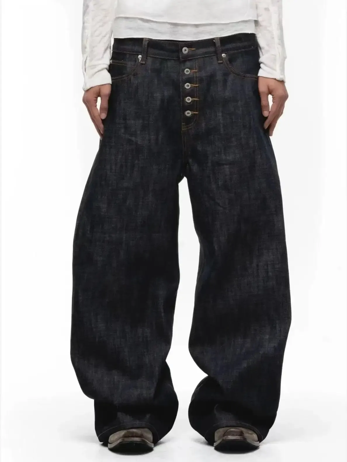 Button Design Machete Denim Baggy Jeans Men's High Street Edge Selvedge Niched Hiphop Loose Long Wide Leg Pants 12377