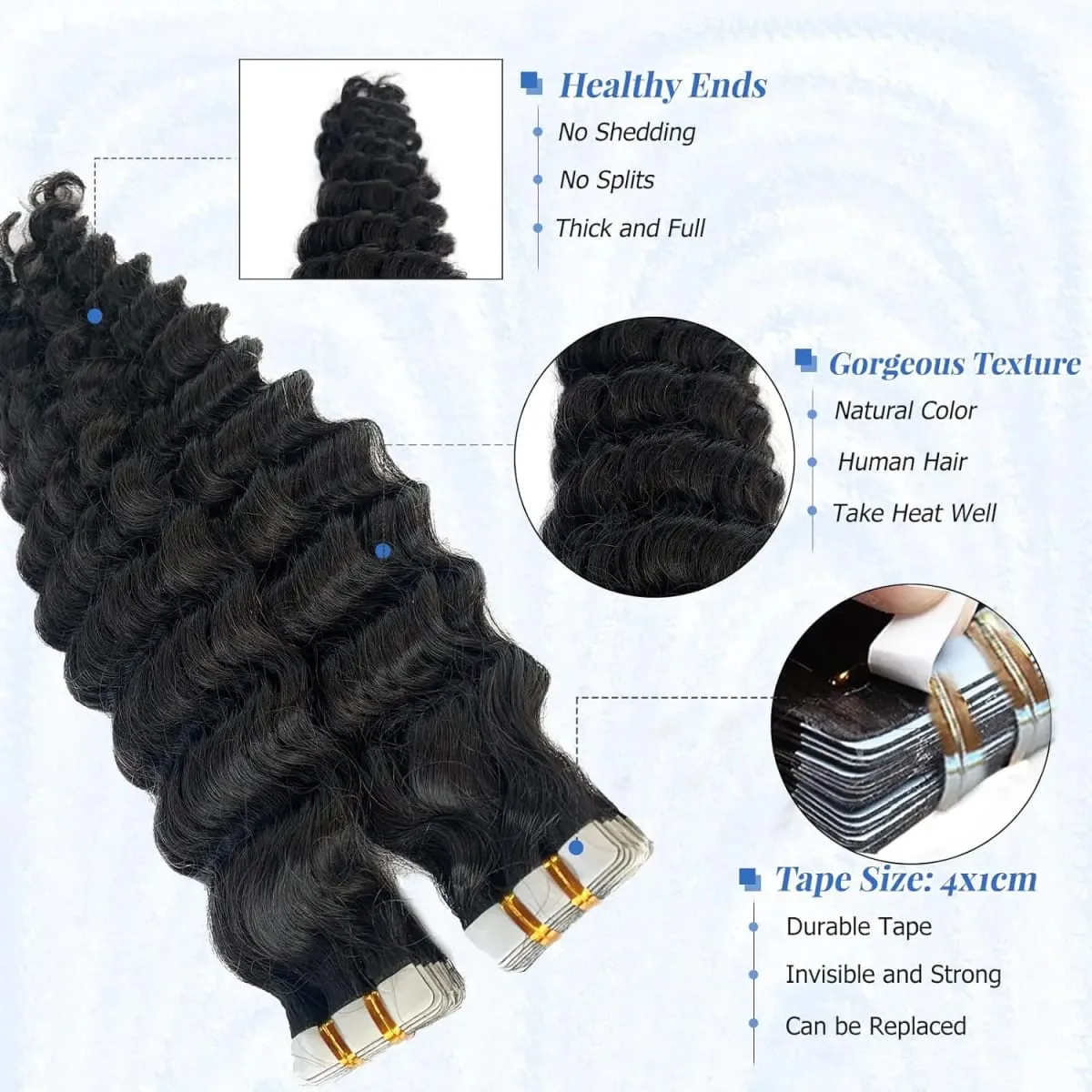 Deep Wave Tape In Hair Extensions Natural Black 100% Human Hair 20pcs/50g Curly Tape Ins Invisible Seamless Replaceable Glue #1B — image 3