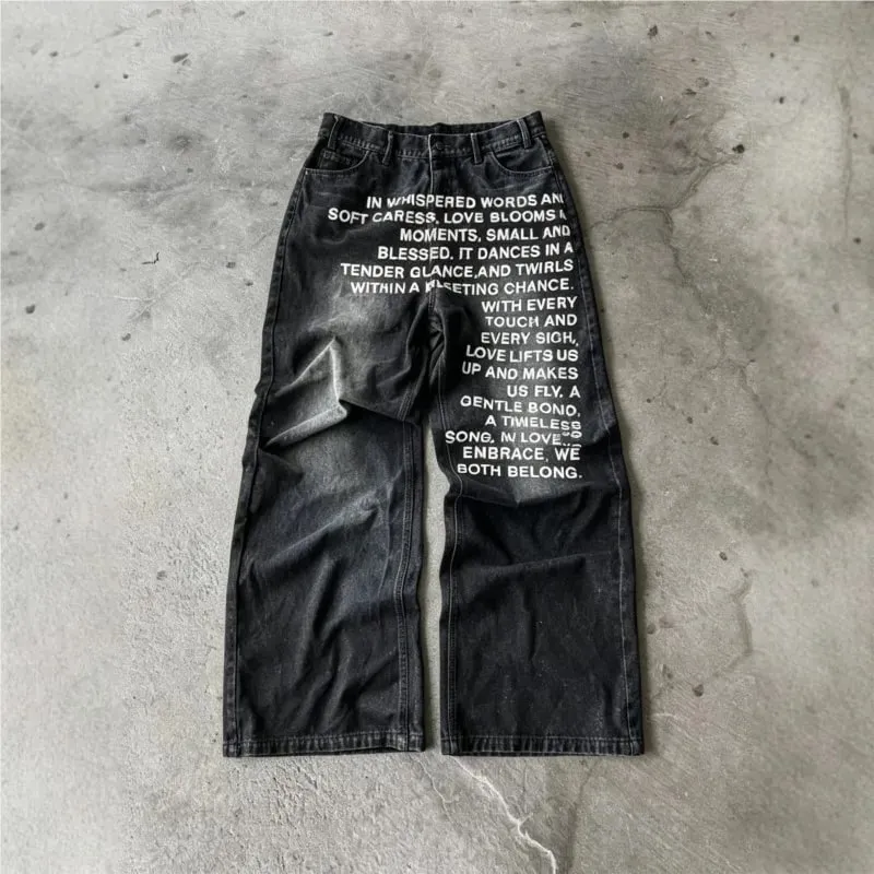 American Retro Men Alphabet Patterned Letter Jeans High Street Clothing Y2K Goth Women Unisex Baggy Casual Wide Leg Mopping Pant