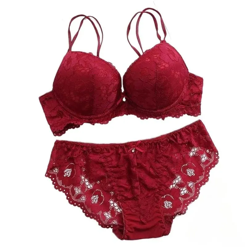 Women's Sexy Push Up Floral Lace Lingerie Set Bowknot Bra & Panty Low Rise Underwear for Daily Wear