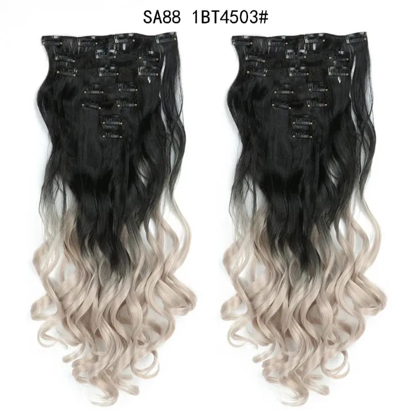 Clip in Long Wavy Synthetic Hair Extension 22 Inch 7PCS Thick Hairpieces Fiber Double Weft Hair for Women