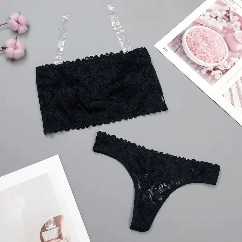 Lace Sheer Flower Thong Bra Set Invisible Straps Embroidery Floral Panties Bra Kit Transparent Lingerie Underwear for Women