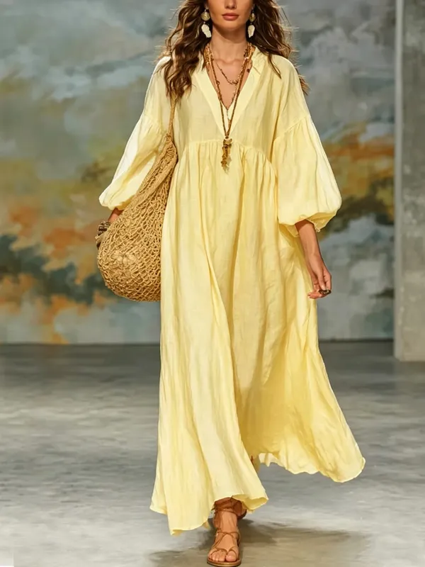 Women Bohemian Linen Maxi Dress V Neck Puff 3/4 Sleeve Loose Flowy Long Dress Casual Beach Vacation Sundress — image 4