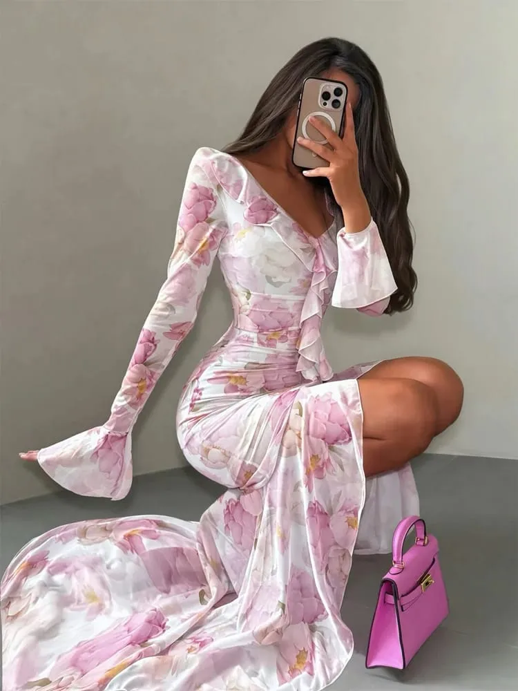 Women Pink Floral Print Maxi Dress Elegant V Neck Ruffle Trim Flare Sleeve Ruched High Chiffon Dresses 2026 Lady Party Vestido — image 4