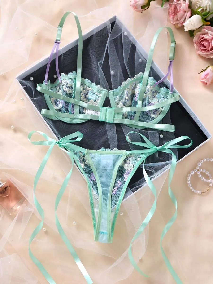 Women Sweet Flower Embroidered Lace Bra Set With Underwire Transparent Mesh Side Bow Panties Romantic Lingerie S-XL Sizes — image 2