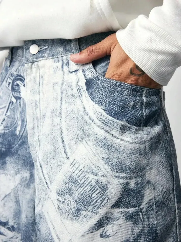 Mens Jeans Harajuku Y2K Streetwear Gothic Print Baggy Wide Leg Denim Pants Vintage Washed Straight Fit Grunge Punk Fashion Trend — image 4