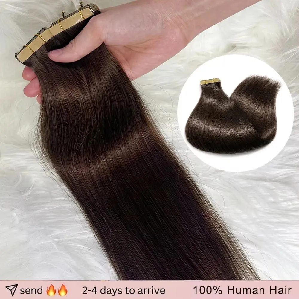 PU SKin Invisible Seamless Real Human Hair Tape in Hair Extensions Brazilian Dark Brown 16-24 Inch Remy Straight Hair 100% Human Hair For Women — image 8