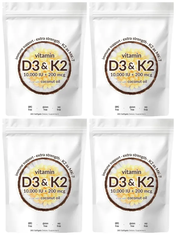 Vitamin D3 K2 Softgels with MK-7 10000 IU Vitamin D3 200mcg K2 Soy Free Gluten Free Daily Nutrition Supplement 300 Softgels — image 10