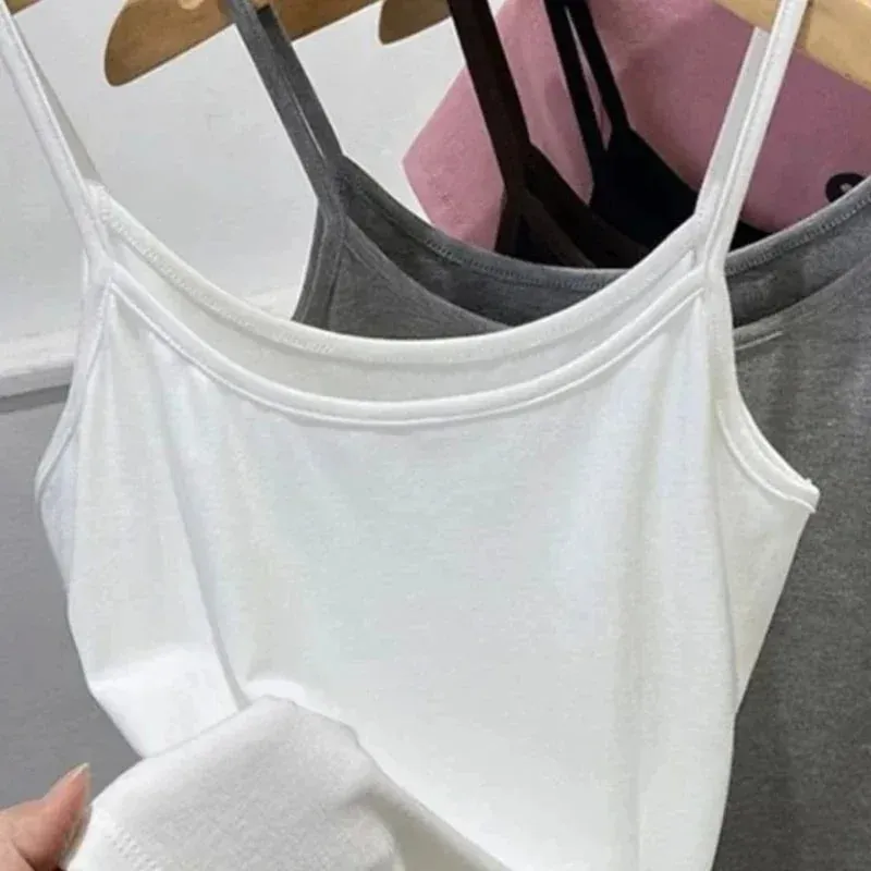 Women's Solid Color Spaghetti Straps Sleeveless Slim Camisole with Chest Pad Cotton Summer Wear Outside Female Short Tops Vests — image 6
