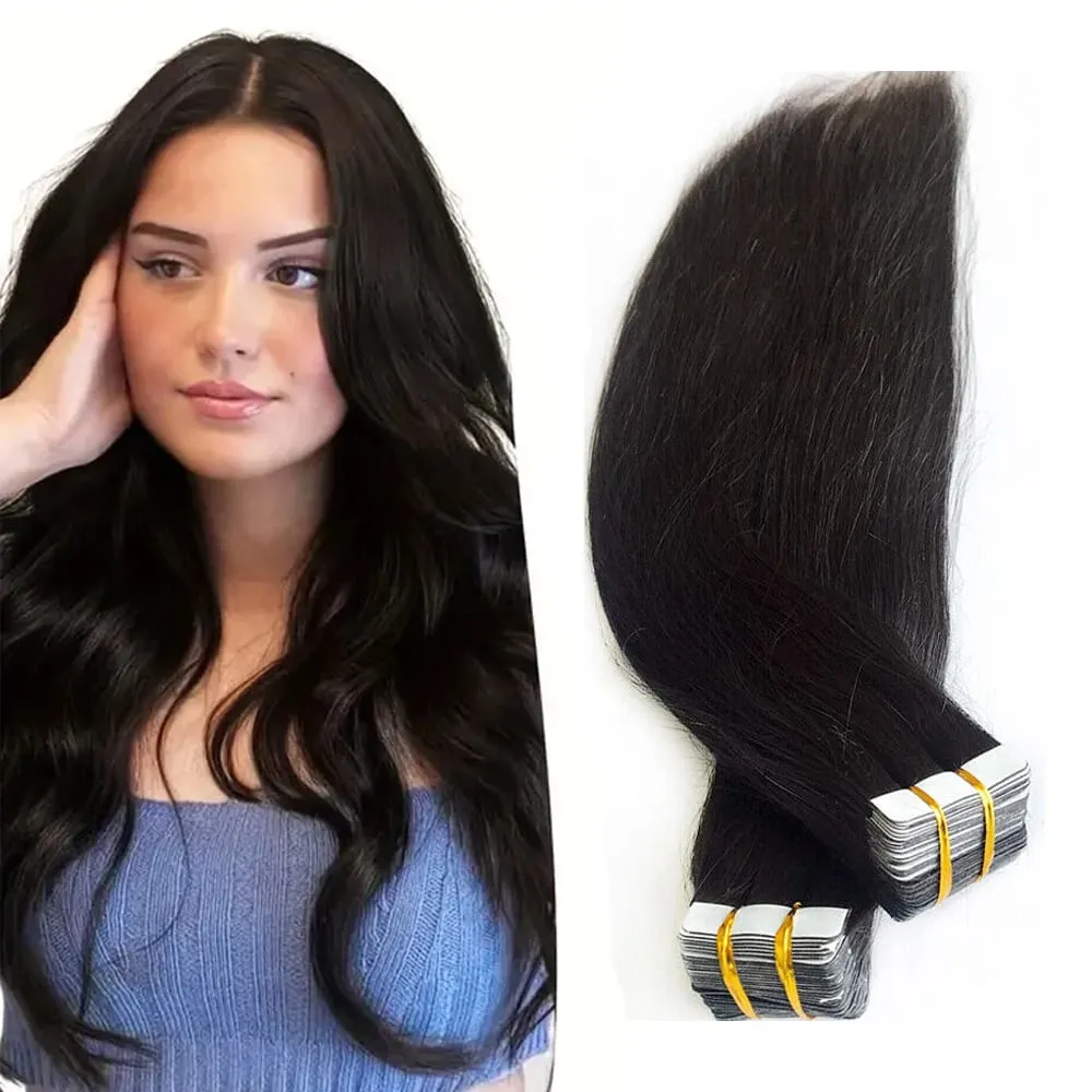 20Pcs/50g Straight Tape In Hair Extensions Full Head 100% Human Hair Tape ins Adhesive Invisible Glue Natural Black 24 26 Inches — image 1