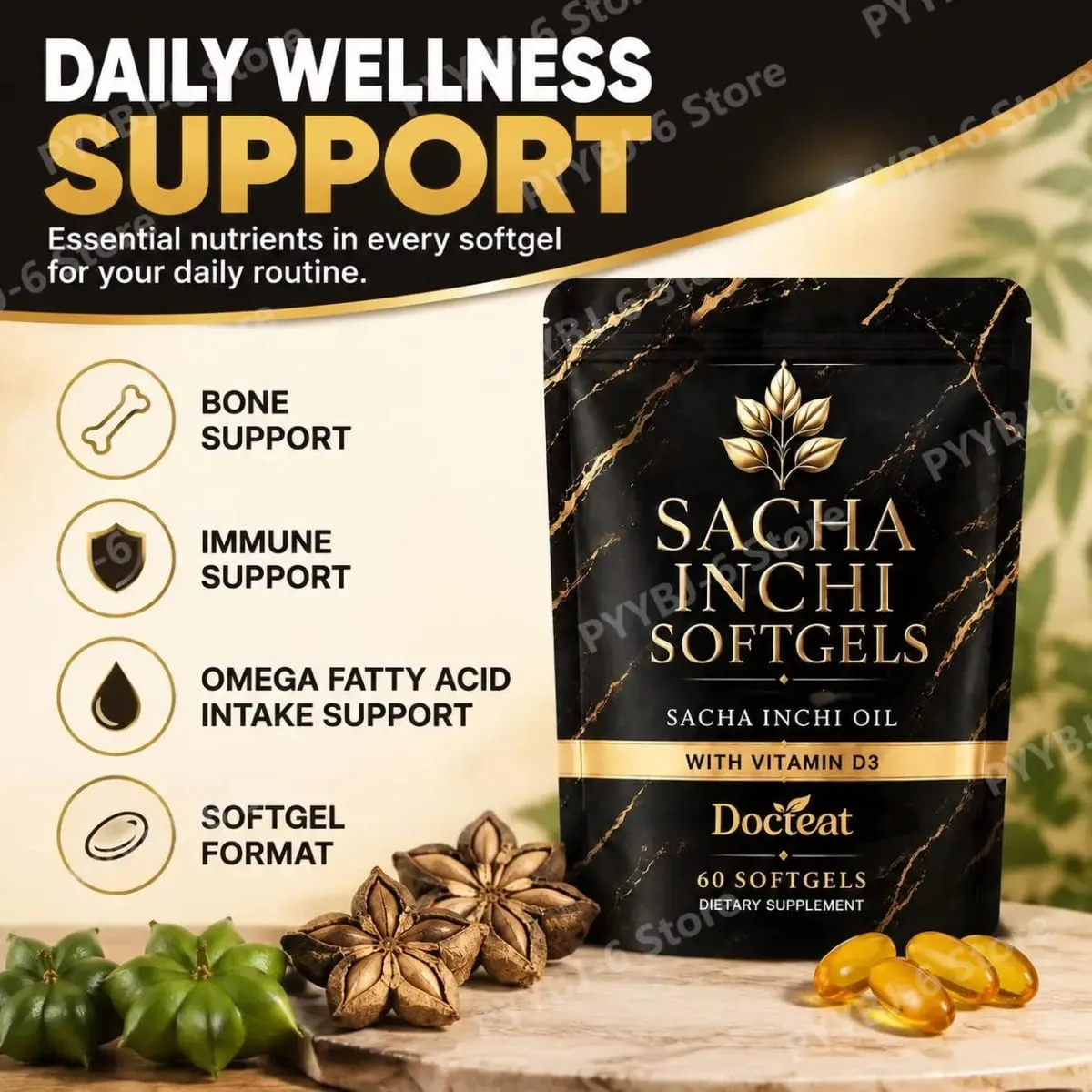 Docteat Sacha Inchi Oil Softgels with Lichen-Derived Vitamin D3 for Bone and Immune Support and Softgel Absorption 60 Softgels — image 2